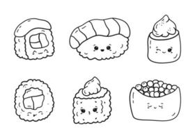 reeks van lineair kawaii sushi en broodjes. vector kleur boek van schattig Aziatisch voedsel met grappig en gelukkig gezicht in tekening stijl