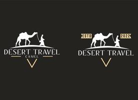 Arabisch logo caravan kamelen in woestijn duinen Aan beige kleur goud zand onder heet zon in cirkel golvend patroon achtergrond vector