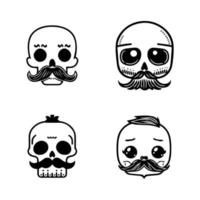 schattig schedel met snor logo verzameling reeks hand- getrokken illustratie vector