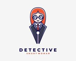 mascotte tekenfilm karakter elegant vrouw detective inspecteur pen auteur journalist illustratie logo vector