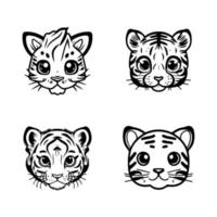een reeks van hand- getrokken, schattig kawaii tijger hoofd logo's, met divers uitdrukkingen en poses in charmant anime stijl illustraties vector