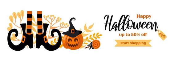 gelukkig halloween uitverkoop. helder vector horizontaal banier in tekenfilm stijl. pompoen jack-o-lantern, heks hoed, gestreept kousen, schoenen, lolly, herfst bladeren. voor reclame banier, poster, folder.
