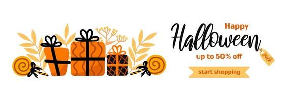 gelukkig halloween uitverkoop. helder horizontaal banier in tekenfilm stijl in oranje en zwart tonen. lolly, geschenken, herfst bladeren. voor reclame banier, poster, folder vector