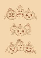 gelukkig halloween. jack O lantaarn. een reeks van wijnoogst pompoenen met grappig, beangstigend en vrolijk gezichten, herfst bladeren, sterren. voor stickers, affiches, ansichtkaarten, ontwerp elementen vector