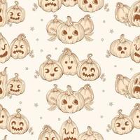 jack-o-lantern. wijnoogst halloween patroon. pompoenen in hand- getrokken stijl met eng en grappig gezichten Aan een beige achtergrond. bladeren en sterren. voor behang, afdrukken, verpakking, achtergrond. vector