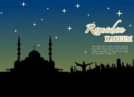Ramadan kareem illustratie met moskee silhouet en sterrenlicht en maan, achtergrond bedrijf label, uitnodiging sjabloon, sociaal media, enz. Ramadan kareem themed vlak vector illustratie.