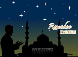 illustratie van Ramadan kareem met moskee silhouet, sterrenlicht en bidden Mens, achtergrond bedrijf label, uitnodiging sjabloon, sociaal media, enz. Ramadan kareem themed vlak vector illustratie.