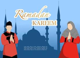 Ramadan kareem felicitatie concept met mannetje en vrouw karakters, Ramadan concept illustratie. gelukkig moslim mensen vieren de heilig maand van Ramadan, eid hartelijk groeten. vector illustratie