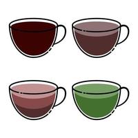 koffie, latte, kokosnoot en matcha groen thee in kop in vector illustratie ontwerp