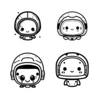 een schattig en kawaii verzameling reeks van hand- getrokken astronaut logo's, met aanbiddelijk tekens in ruimtepakken en kosmisch accessoires vector