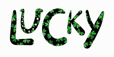 Lucky belettering met klavers en hoefijzer u vector illustratie