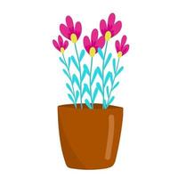 paarse kleine bloemen in een bruine pot, kamerplanten, huis bloemen in cartoon stijl, vector-object, hand tekenen, isoleren witte achtergrond. vector