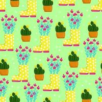 gele polka dot laarzen gevuld met bloemen, cactus in een pot bloeit met gele bloemen, naadloze bloemmotief, vectorillustratie in cartoon stijl, hand tekenen. vector