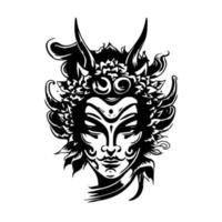 boeiend en ingewikkeld hand- getrokken lijn kunst illustratie van een Japans masker, oproepen tot een zin van mysterie en traditioneel schoonheid vector