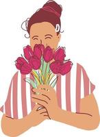 vrouw met tulpen boeket platte vectorillustratie. karakter vrouwelijke verf afbeelding geïsoleerd op wit. meisje houdt in handen Lentebloemen vector