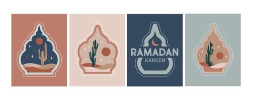 Ramadan. verzameling van oosters stijl Islamitisch ramen, palm bomen, cactus en woestijn vector