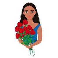 meisje in blauw met een boeket bloemen in haar handen, mooie afro vrouw met make-up, mooie vrouwelijke avatar, vectorillustratie in vlakke stijl. vector