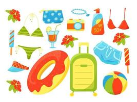 grote zomerse set vakantieartikelen, badpak, cocktail, koffer, camera, schoonheidsspecialiste, vakantie op zee, set zomerdingen, vectorillustratie in vlakke stijl, tekenfilm. vector