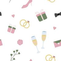 naadloos patroon met bruiloft artikelen. teder vector achtergrond in groente, roze en wit. alleen maar getrouwd concept