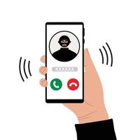 een telefoontje Aan de telefoon in de hand- van een fraude persoon. een telefoon fraudeur bedriegt en steelt geld en kaarten door smartphone belt. dief, hacker en crimineel zijn roeping. vector illustratie