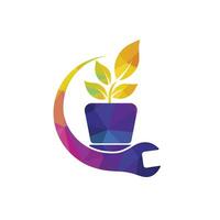 tuin fix vector logo concept. bloem pot en moersleutel logo icoon.