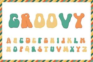 groovy enthousiast alfabet doopvont in vector. trippy brieven clip art geïsoleerd tekenfilm kunst. modieus freaky tekening psychedelisch tekst. hippie regenboog groef leuze symbool. golvend funky groef nostalgie grafisch vector