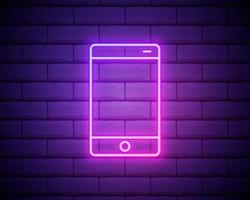 mobiele telefoon, smartphone neonreclame. helder gloeiend symbool op een bakstenen muurachtergrond. neon stijlicoon vector