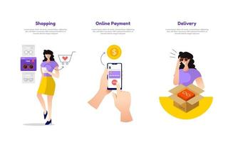 illustratie van online winkelen, mobiel betalen en bezorgen vector