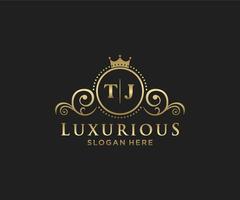 eerste tj brief Koninklijk luxe logo sjabloon in vector kunst voor restaurant, royalty, boetiek, cafe, hotel, heraldisch, sieraden, mode en andere vector illustratie.t