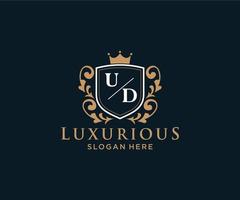 eerste ud brief Koninklijk luxe logo sjabloon in vector kunst voor restaurant, royalty, boetiek, cafe, hotel, heraldisch, sieraden, mode en andere vector illustratie.