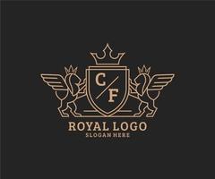 eerste vgl brief leeuw Koninklijk luxe heraldisch, wapen logo sjabloon in vector kunst voor restaurant, royalty, boetiek, cafe, hotel, heraldisch, sieraden, mode en andere vector illustratie.