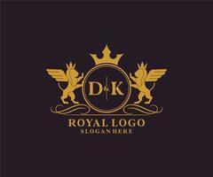 eerste dk brief leeuw Koninklijk luxe heraldisch, wapen logo sjabloon in vector kunst voor restaurant, royalty, boetiek, cafe, hotel, heraldisch, sieraden, mode en andere vector illustratie.