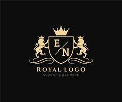 eerste nl brief leeuw Koninklijk luxe heraldisch, wapen logo sjabloon in vector kunst voor restaurant, royalty, boetiek, cafe, hotel, heraldisch, sieraden, mode en andere vector illustratie.