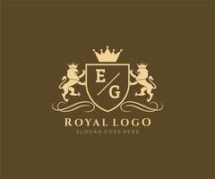 eerste bijv brief leeuw Koninklijk luxe heraldisch, wapen logo sjabloon in vector kunst voor restaurant, royalty, boetiek, cafe, hotel, heraldisch, sieraden, mode en andere vector illustratie.