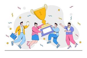 groep van mensen jumping Holding trofee en gouden beker. bedrijf team prestaties. kantoor werknemer krijgen beloning en vieren. ontwerp stijl minimaal vector illustratie voor landen bladzijde, held afbeeldingen