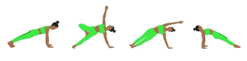 flexibiliteit yoga poses verzameling. Afrikaanse Amerikaans vrouw, dame, vrouw, meisje. meditatie, pilates, mentaal Gezondheid, opleiding Sportschool. vector illustratie in tekenfilm vlak stijl geïsoleerd Aan wit achtergrond.