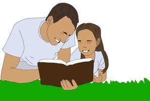 ik liefde mijn groot papa. vector illustratie van dochter aan het liegen Aan grond aan het leren en lezing boek met groot papa, familie concept van gelukkig vader dag.