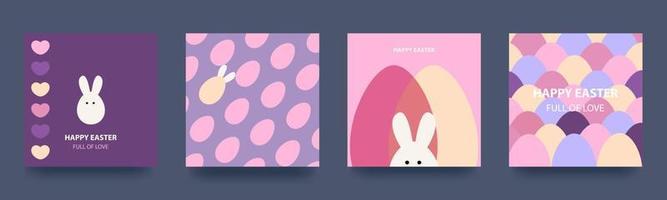 gelukkig Pasen. reeks van voorjaar vakantie kaarten met konijn, eieren en bloemen. achtergronden in pastel kleuren. mozaïek- stijl. vector illustratie
