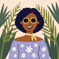 portret afro vrouw met zwart haar- Aan een tropisch blad achtergrond vector