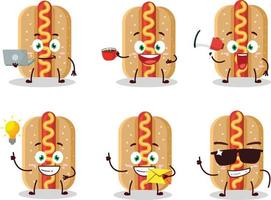 hotdog tekenfilm karakter met divers types van bedrijf emoticons vector