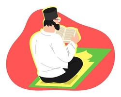 moslim mannen lezen de koran. terug visie. gebed tapijt. Islamitisch heilig boek. vlak vector illustratie.