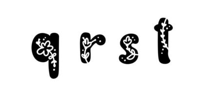 vintage bloemen vetgedrukte letters qrst logo lente. klassieke zomerbriefontwerpvectoren met zwarte kleur en bloemenhand getekend met monoline-patroon vector