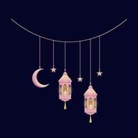 hangende Ramadhan lantaarn lichten in roze helling grafisch element voor Ramadan decoratie ontwerp vector