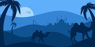 eid mubarak illustratie met moskee silhouet en sterrenlicht, maan en kameel, eid groet banier, uitnodiging sjabloon, sociaal media, enz. eid mubarak themed vlak vector illustratie.