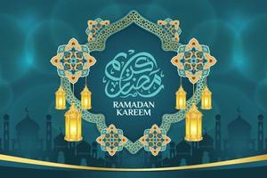 Islamitisch ornament sjabloon voor achtergrond, banier, poster, Hoes ontwerp, envelop, sociaal media voer. Ramadan kareem en eid mubarak 2023 concept, blauw achtergrond, moslim lantaarn, patroon vector