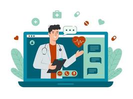 online dokter concept met mannetje dokter karakter Aan laptop scherm vector