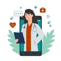 online dokter concept met vrouw dokter karakter Aan smartphone scherm vector