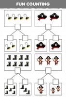 onderwijs spel voor kinderen pret tellen afbeelding in elk doos van schattig tekenfilm haak hoed bagageruimte en Mens afdrukbare piraat werkblad vector