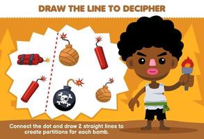 onderwijs spel voor kinderen helpen jongen trek de lijnen naar scheiden bom en dynamiet afdrukbare piraat werkblad vector
