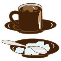 koffie set. een kop en een koffie pot met suiker en een lepel Aan een schotel. koffie winkel illustratie banier poster bedrijf kaart. vector